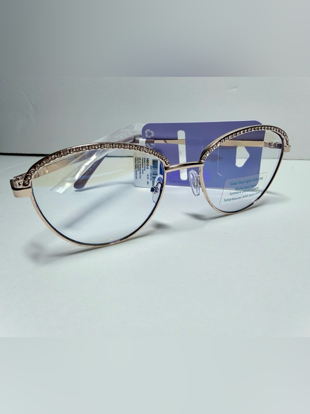 Claire's Rose Gold Crystal Brow Blue Lens Glasses